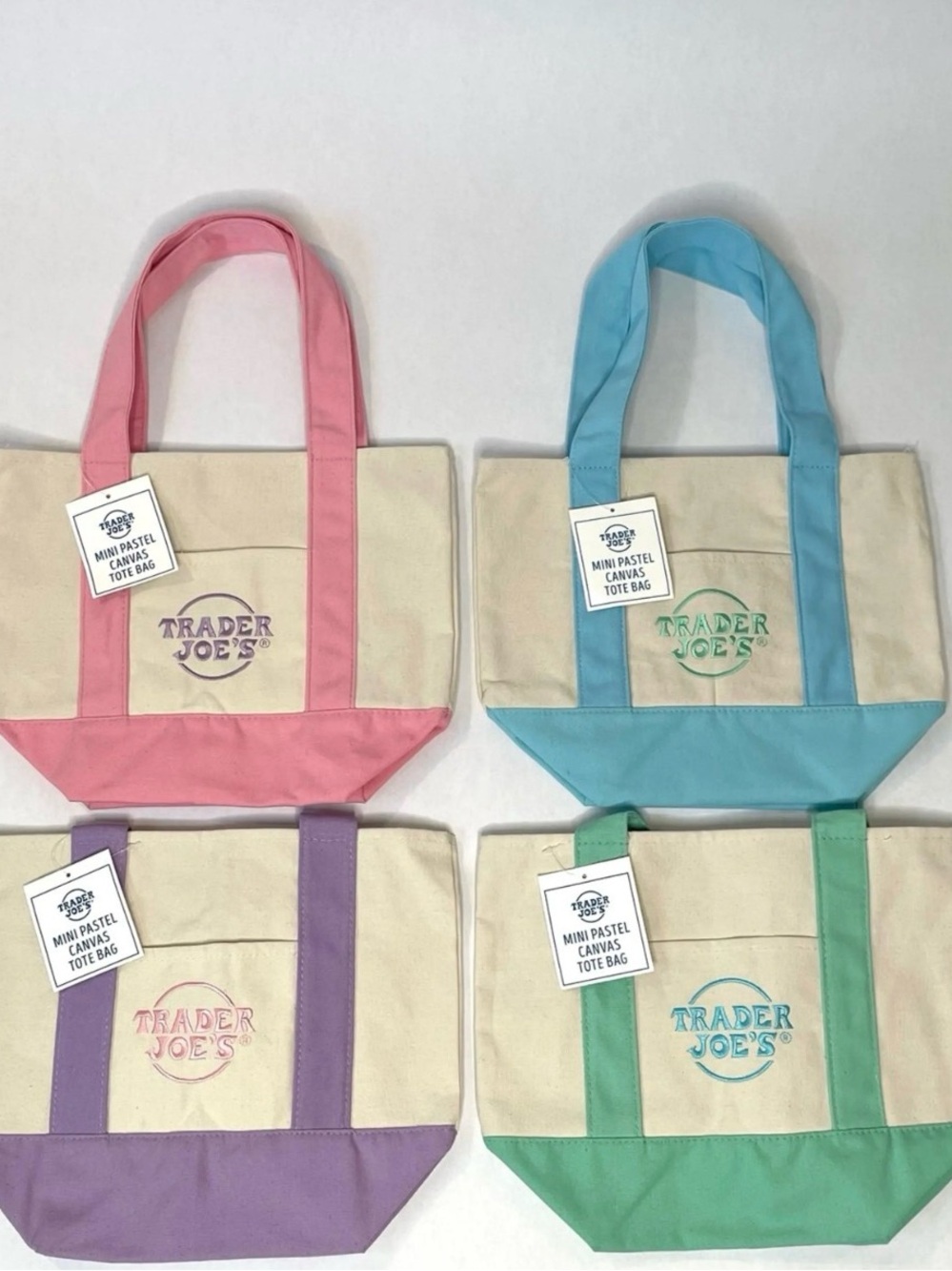Trader Joe’s Mini Pastel Canvas Tote Bag - blue, purple, green (no pink)